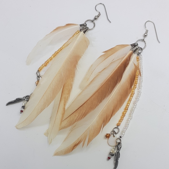 Handmade Beaded Feather Earrings - Picture 2 of 4